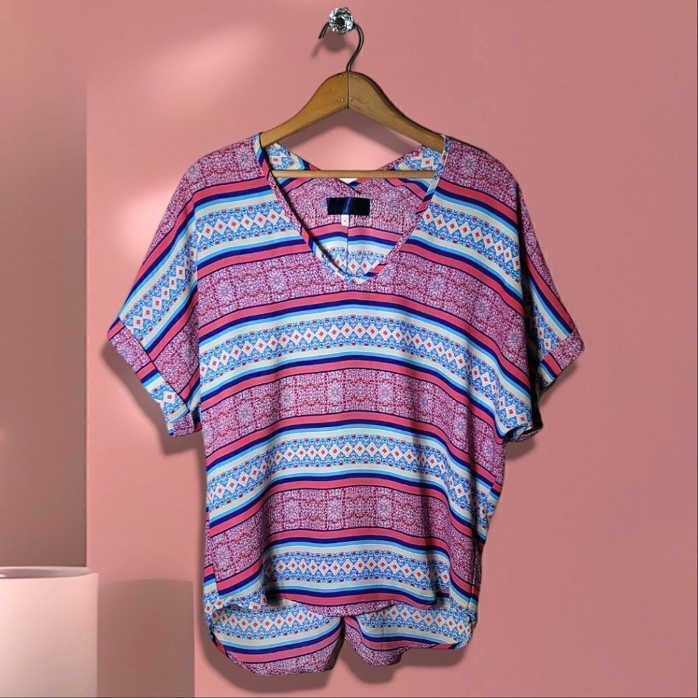 Blue Rain Stripes V-Neck Short Sleeve Blouse
